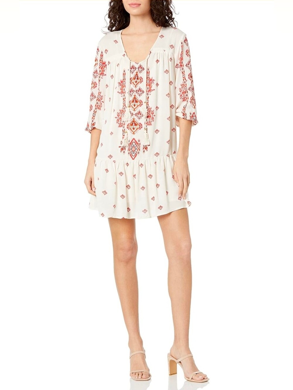 Taylor & Sage Gauzy Printed Fringe Peasant Boho Mini Dress